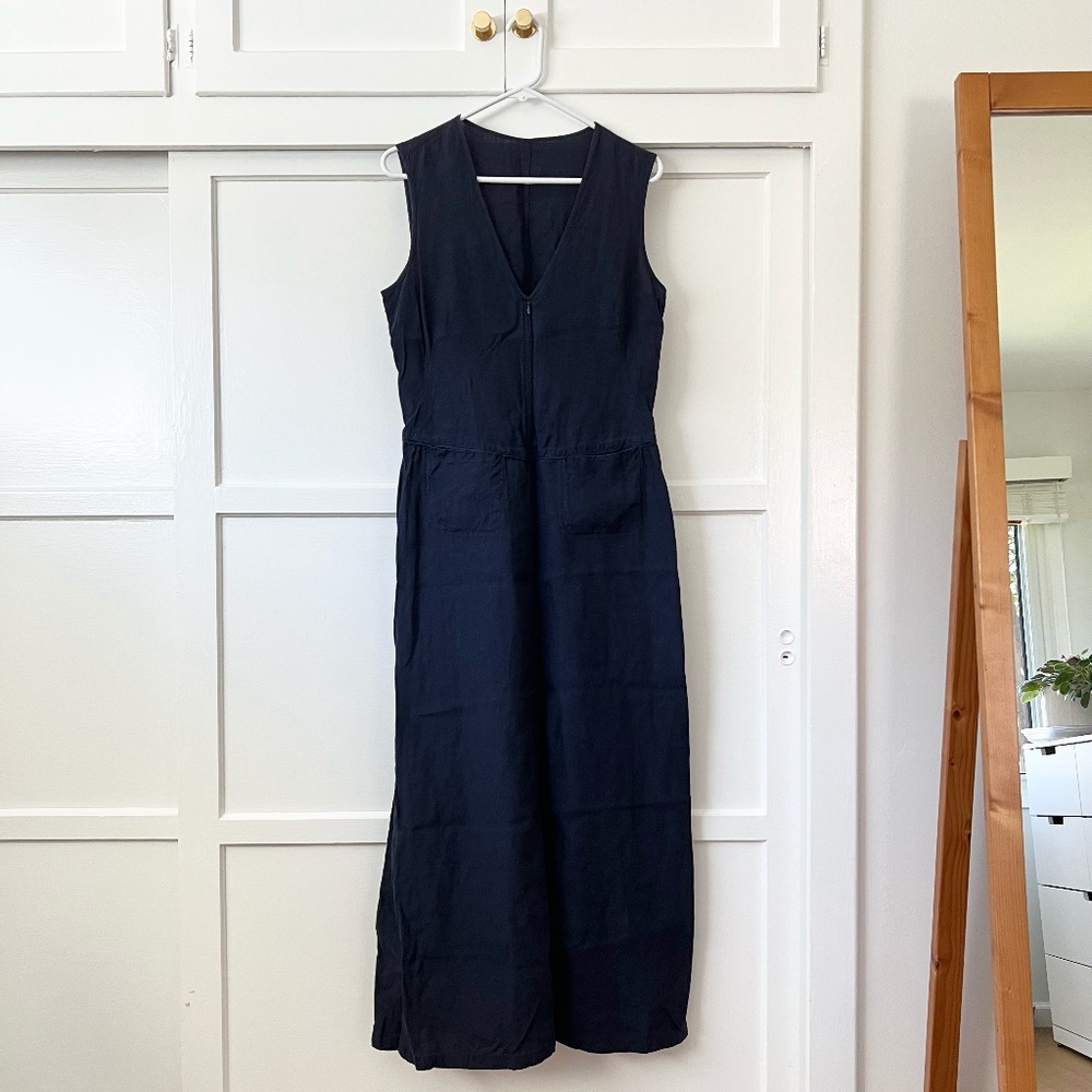 Jil Sander Navy 100% Linen Midi Dress Minimalist Quiet Luxury EU 40